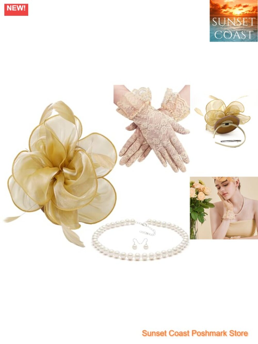 Fascinator Veil Derby Pillbox Headband with Lace Gloves Pearl Necklace Set